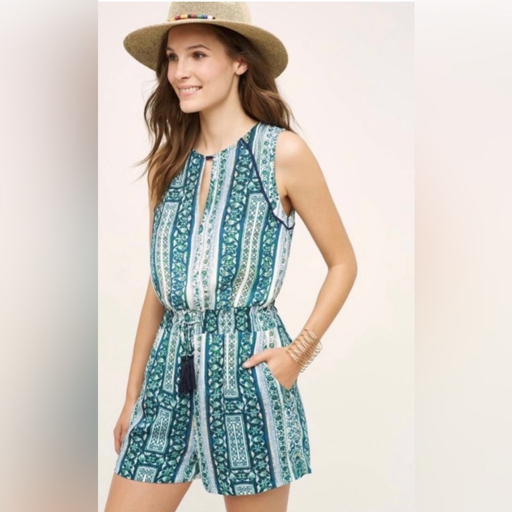 Sleeveless Teal Print Romper with Tassel Tie